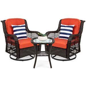 Best Choice Products 3-Piece Outdoor Wicker Patio Bistro Set w/ 2 360-Degree Swivel Rocking Chairs and Tempered Glass Top Side Table – Rust