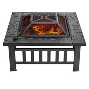 VIVOHOME 32 Inch Heavy Duty 3 in 1 Metal Square Patio Firepit Table BBQ Garden Stove with Spark Screen Cover Log Grate and Poker for Outside Wood Burning and Drink Cooling