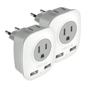 [2-Pack] European Travel Plug Adapter, VINTAR International Power Adaptor with 2 USB Ports,2 American Outlets- 4 in 1 Outlet Adapter,Travel Essentials to Italy,Greece,Israel,France, Spain (Type C)