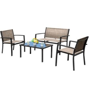 Devoko 4 Pieces Patio Furniture Set Outdoor Garden Patio Conversation Sets Poolside Lawn Chairs with Glass Coffee Table Porch Furniture (Brown)
