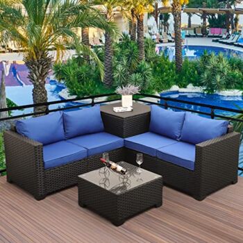 Outdoor PE Wicker Furniture Set 4 Piece Patio Black Rattan Sectional Loveseat Couch Set Conversation Sofa with Storage Box Glass Top Table and Non-Slip Royal Blue Cushion | The Storepaperoomates Retail Market - Fast Affordable Shopping