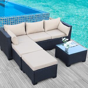 Outdoor PE Wicker Sofa Set 4-Piece 6-Seater Patio Garden Sectional Khaki Cushions Seat Furniture Set, 2 L-Shaped Loveseats and Ottomans, Multi-Purpose Tempered Glass Coffee Table