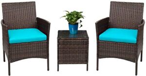 Devoko Patio Porch Furniture Sets 3 Pieces PE Rattan Wicker Chairs with Table Outdoor Garden Furniture Sets (Brown/Blue)