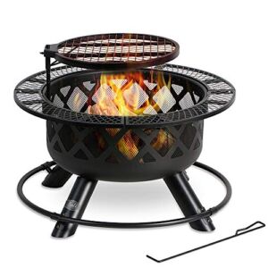 BALI OUTDOORS Wood Burning Fire Pit, 32 Inch Outdoor Backyard Patio Fire Pit with 18.7 Inch Cooking Grill Grate, Black