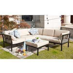 LOKATSE HOME 6 Piece Patio Conversation Set Outdoor Furniture Sectional Sofa with 3 Corner Couch 2 Armless Chair and 1 Ottoman, 6Pcs, Khaki Cushions