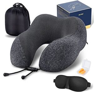 MLVOC Travel Pillow 100% Pure Memory Foam Neck Pillow, Comfortable & Breathable Cover, Machine Washable, Airplane Travel Kit with 3D Contoured Eye Masks, Earplugs, and Luxury Bag, Standard (Black)…