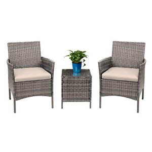 Devoko 3 Pieces Patio Furniture Sets Clearance PE Rattan Wicker Chairs with Table Outdoor Garden Porch Furniture Sets (Light Grey)