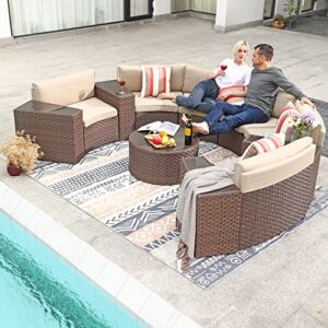 SUNSITT Outdoor Sectional Set 11-Piece Half Moon Patio Furniture Brown Wicker Sofa Beige Cushions with 4 Side Table and 4 Pillows