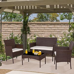 Shintenchi 4 Piece Outdoor Patio Furniture Sets, Small Wicker Patio Conversation Furniture Rattan Chair Set with Tempered Glass Coffee Table For Backyard Porch Garden Poolside Balcony, Brown