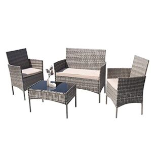 Furniwell Patio Outdoor Furniture Set 4 Pieces Porch Wicker Chairs Sets Rattan Balcony Sofa Conversation Set for Backyard Lawn Pool(Grey and Beige)