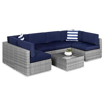 Best Choice Products 7-Piece Modular Outdoor Sectional Wicker Patio Furniture Conversation Sofa Set w/ 6 Chairs, 2 Pillows, Seat Clips, Coffee Table, Cover Included – Gray/Navy | The Storepaperoomates Retail Market - Fast Affordable Shopping