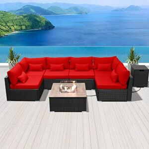 DINELI Patio Furniture Sectional Sofa with Gas Fire Pit Table Outdoor Patio Furniture Sets Propane Fire Pit (red-Square Table)