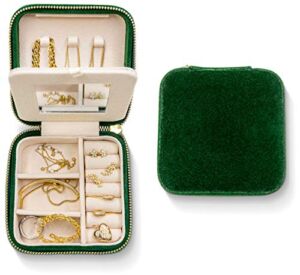 Plush Velvet Travel Jewelry Box Organizer | Travel Jewelry Case, Jewelry Travel Organizer | Small Jewelry Box for Women, Jewelry Travel Case | Earring Organizer with Mirror – Emerald Velvet
