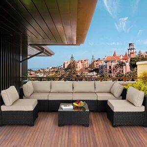 7 Piece Outdoor PE Wicker Furniture Set, Patio Black Rattan Sectional Sofa Couch with Washable Khaki Cushions