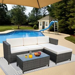 Green4ever Patio Furniture Set, 5 Piece All Weather Outdoor Wicker Sectional Couch Sofa Sets with Glass Table, Dark Gray PE Wicker Conversation Set with Removable Cushions, for Porch, Backyard, Garden