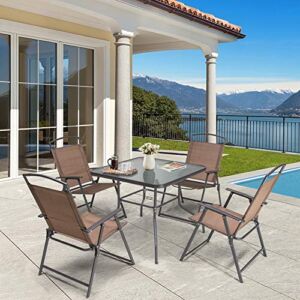 Crestlive Products 5 Piece Patio Dining Set with 4 Folding Chairs and Table Outdoor Dining Furniture with Square Glass Tabletop, Umbrella Hole for Bistro, Garden, Backyard, Deck (Brown)
