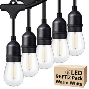 96FT(48×2) 2-Pack LED Outdoor String Lights with Waterproof Shatterproof Dimmable 2700K Warm White Filament Bulb, E26 15 Sockets Linkable Commercial Grade Hanging String Lights for Patio Deck Backyard
