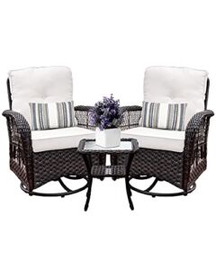 Harlie & Stone Outdoor Swivel Rocker Patio Chairs Set of 2 and Matching Side Table – 3 Piece Wicker Patio Bistro Set with Premium Fabric Cushions (Dark Wicker and Beige)