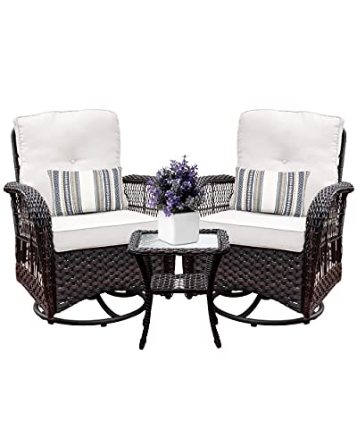 Harlie & Stone Outdoor Swivel Rocker Patio Chairs Set of 2 and Matching Side Table – 3 Piece Wicker Patio Bistro Set with Premium Fabric Cushions (Dark Wicker and Beige) | The Storepaperoomates Retail Market - Fast Affordable Shopping