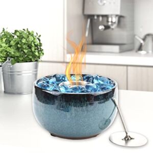 Teal Blue Table Top Fire Bowl, Ventless Outdoor Portable Bio Ethanol Fire Pit, Modern Round Table Fireplace – Fuel Sold Separately (Teal Bowl)