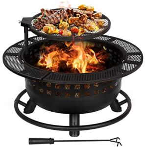 hykolity 2 in 1 Fire Pit with Swivel Cooking Grill, 32″ Wood Burning Fire Pit Outdoor Firepit with Log Grate Fire Poker for Backyard Bonfire Patio
