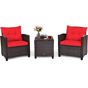 Tangkula 3 Pieces Patio Furniture Set, PE Rattan Wicker 3 Pcs Outdoor Sofa Set w/Washable Cushion and Tempered Glass Tabletop, Conversation Furniture for Garden Poolside Balcony (Red)