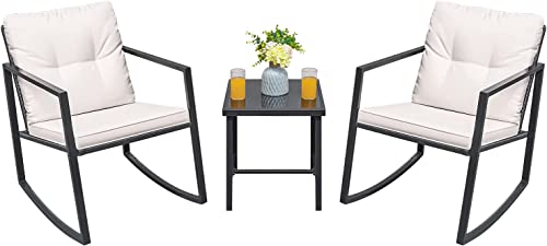 Greesum 3 Pieces Rocking Wicker Bistro Set, Patio Outdoor Furniture Conversation Sets with Porch Chairs and Glass Coffee Table, Beige | The Storepaperoomates Retail Market - Fast Affordable Shopping