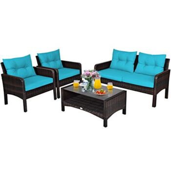 Tangkula 4 Piece Patio Furniture Set, Outdoor Wicker Conversation Set with Glass Top Coffee Table, All Weather Proof and Thick Cushions, Suitable for Porch, Garden, Poolside and Lawn (Turquoise) | The Storepaperoomates Retail Market - Fast Affordable Shopping