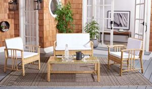 Safavieh Outdoor Collection Reslor Wicker Cushion 4-Piece Living Set PAT7713D, Natural/White