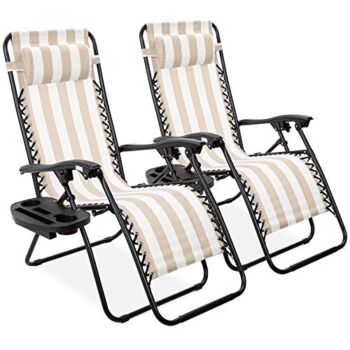 Best Choice Products Set of 2 Adjustable Steel Mesh Zero Gravity Lounge Chair Recliners w/Pillows and Cup Holder Trays, Tan Striped | The Storepaperoomates Retail Market - Fast Affordable Shopping