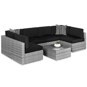 Best Choice Products 7-Piece Modular Outdoor Sectional Wicker Patio Furniture Conversation Sofa Set w/ 6 Chairs, 2 Pillows, Seat Clips, Coffee Table, Cover Included – Gray/Black