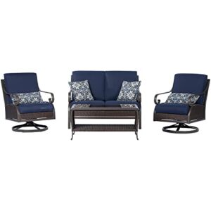 Hanover Madrid 4-Piece Outdoor Patio Furniture Chat Set, 2 Swivel Rocker Side Chairs, Loveseat, Glass Top Coffee Table, All-Weather Hand-Woven Wicker, Aluminum Frames, Thick Cushions, Navy