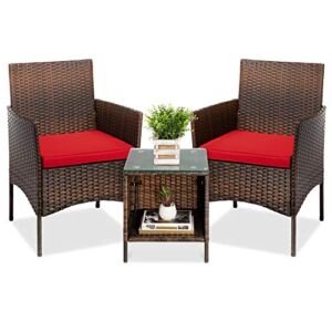 Best Choice Products 3-Piece Outdoor Wicker Conversation Bistro Set, Space Saving Patio Furniture for Yard, Garden w/ 2 Chairs, 2 Cushions, Side Storage Table – Brown/Red