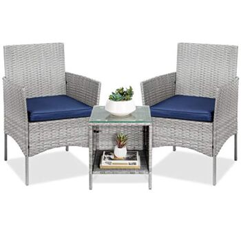 Best Choice Products 3-Piece Outdoor Wicker Conversation Bistro Set, Space Saving Patio Furniture for Yard, Garden w/ 2 Chairs, 2 Cushions, Side Storage Table – Gray/Navy | The Storepaperoomates Retail Market - Fast Affordable Shopping