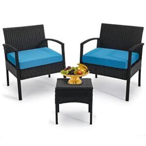 Outdoor Furniture 3 Piece Patio Set Balcony Furniture Outdoor Bistro Set Wicker Chair for Balcony Backyard Porch with Table and Cushions Blue