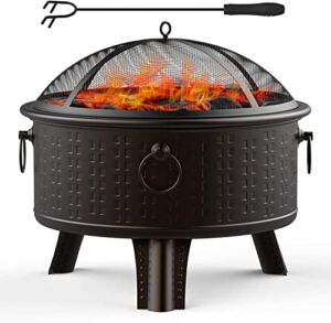 Fire Pit Outdoor Fire Pits for Outside, Round Wood Burning Metal Fire Pit for Patio with Spark Screen Cover and Poker for Backyard Garden Bonfire BBQ