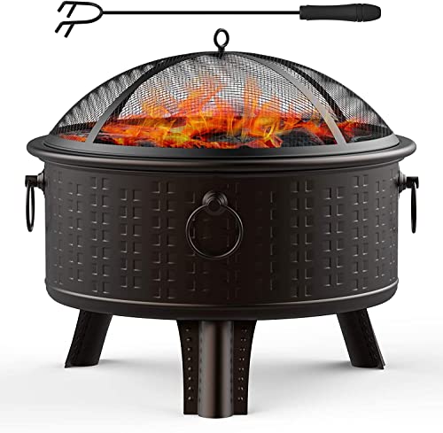 Fire Pit Outdoor Fire Pits for Outside, Round Wood Burning Metal Fire Pit for Patio with Spark Screen Cover and Poker for Backyard Garden Bonfire BBQ | The Storepaperoomates Retail Market - Fast Affordable Shopping
