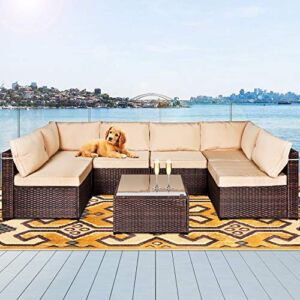 LAFWELL 7 Pieces Outdoor Patio Furniture Sets,Rattan Conversation Sectional Set,Manual Weaving Wicker Patio Sofa with Tea Table