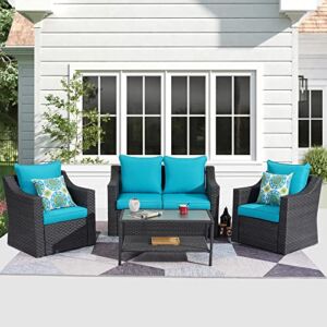 HEYNEMO 4-Piece Outdoor Patio Furniture Set, All-Weather Rattan Wicker Chairs Outdoor Sectional Patio Sofa Set with Glass Coffee Table, Blue Removable Washable Cushions