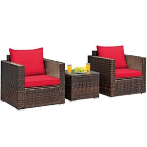 Tangkula 3 Pieces Patio Furniture Set, Outdoor Conversation Rattan Furniture Set w/Washable Cushion and Tempered Glass Tabletop, PE Rattan Wicker Sofa Set for Garden Poolside Balcony