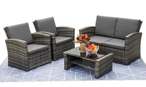 LayinSun 4 Piece Outdoor Patio Furniture Sets, Wicker Conversation Sets, Rattan Sofa Chair with Cushion for Backyard Lawn Garden (Grey)