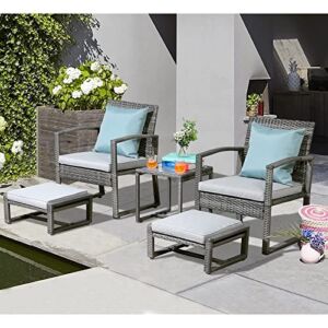 Patiorama 5 Piece Outdoor Patio Wicker Furniture Set, All Weather Grey PE Rattan Chair and Ottoman Footstool Set, W/Coffee Table, Cushions (Light Grey) for Garden, Balcony, Porch, Space Saving Design