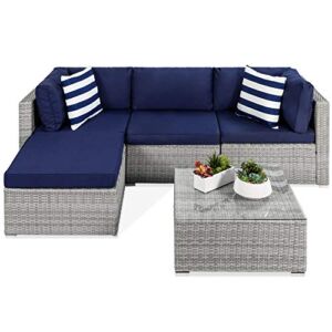 Best Choice Products 5-Piece Modular Conversation Set, Outdoor Sectional Wicker Furniture for Patio, Backyard, Garden w/ 3 Chairs, Ottoman Chair, 2 Pillows, 6 Seat Clips, Coffee Table – Gray/Navy