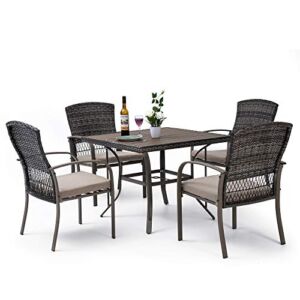 Pamapic 5 Piece Patio Dining Set, Outdoor Dining Table Set, Patio Wicker Furniture Set with Square Plastic-Wood Table Top and Washable Cushions for Patio Garden Poolside(Beige)