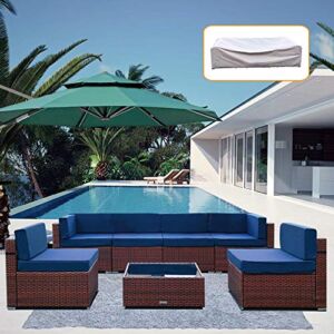 7 Piece Patio Furniture Set with Waterproof Cover Outdoor Sectional Wicker Patio Furniture Sets Patio Sectional, Blue Cushions with Strip and Zippers, Claret