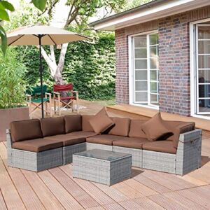 LUCKWIND Patio Conversation Set Sectional Sofa Couch Modern – 7 Pieces All-Weather Grey Wicker Rattan Outdoor Furniture Sets Seating Cushion Glass Coffee Table Accend Pillow, Slope Borwn