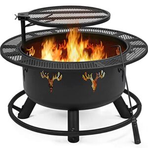 Yaheetech 32in Fire Pit Outdoor Wood Burning Firepits Outdoor Fireplace with 18.5 Inch Swivel Cooking Grill Grate & Poker Fire Bowl for Camping, Backyard, BBQ, Garden, Bonfire