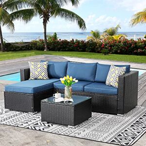 Walsunny Outdoor Furniture Patio Sets,Low Back All-Weather Small Rattan Sectional Sofa with Tea Table&Washable Couch Cushions&Upgrade Wicker(Black Rattan) (3-Piece) (Aegean Blue)