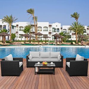 Lviden 4 Pieces Patio PE Wicker Sofa Sets Outdoor Rattan Conversation Furniture Set sectional Couch with Table and Grey Cushions