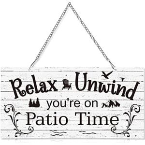 Hotop 10 x 5 Inch Patio Wall Decor Hanging Wall Art Metal Plaque Signs Vintage Balcony Decor Retro Patio Accessories Relax Unwind You’re on Patio Time with Chain for Home Pub Porch Outdoor Living
